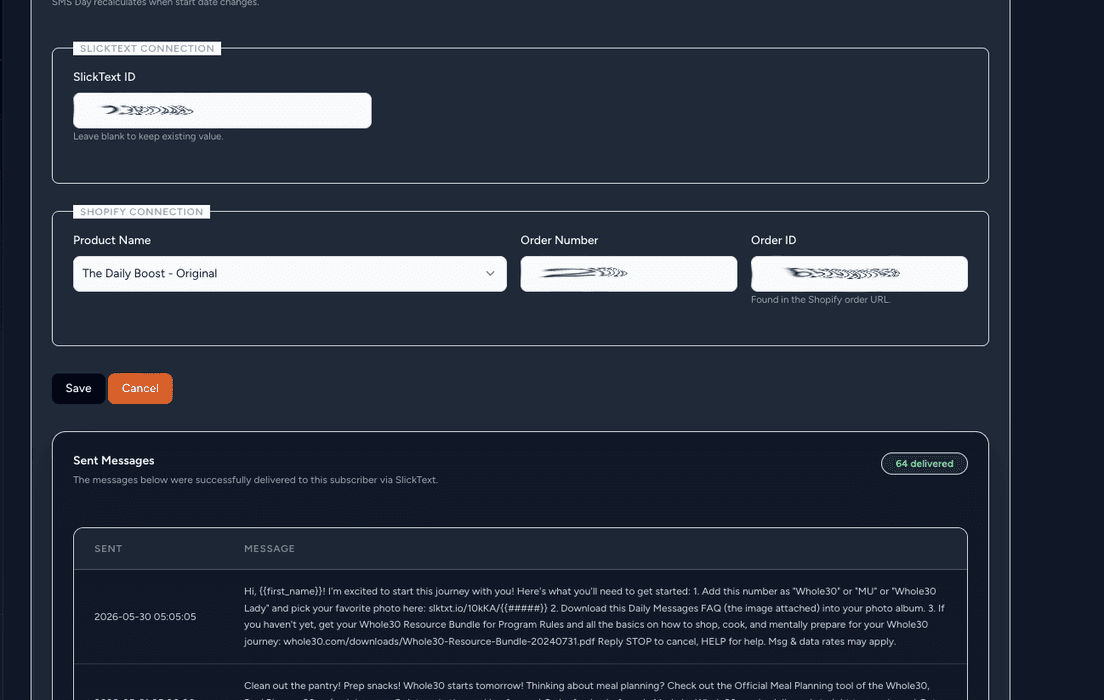 Whole30 Admin Portal — individual order with SlickText and Shopify connections and sent messages
