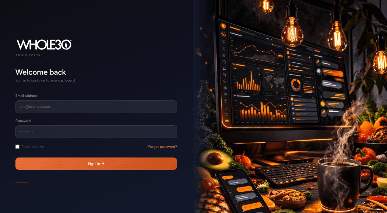 Whole30 Admin Portal — login screen with dashboard preview